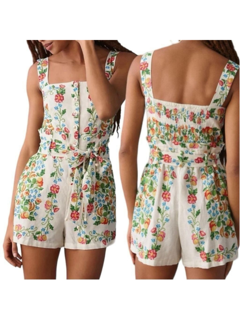 Farm Rio Crosstitch Floral Belted Romper linen blend off-white Cottagecore Sz XL - Picture 2 of 15